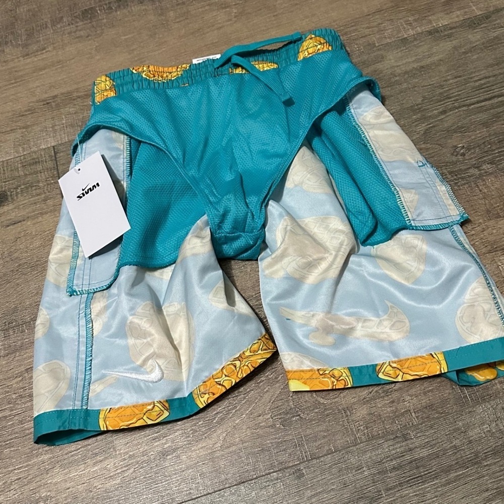Nike Kids Swim Trunk Teal Waffle Print Drawstring Sz Small NWT - Picture 8 of 9